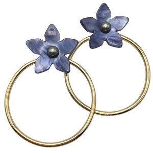 Sugarfix Blue Floral Gold Tone Circle Earrings Pearl Accent Center Pierced